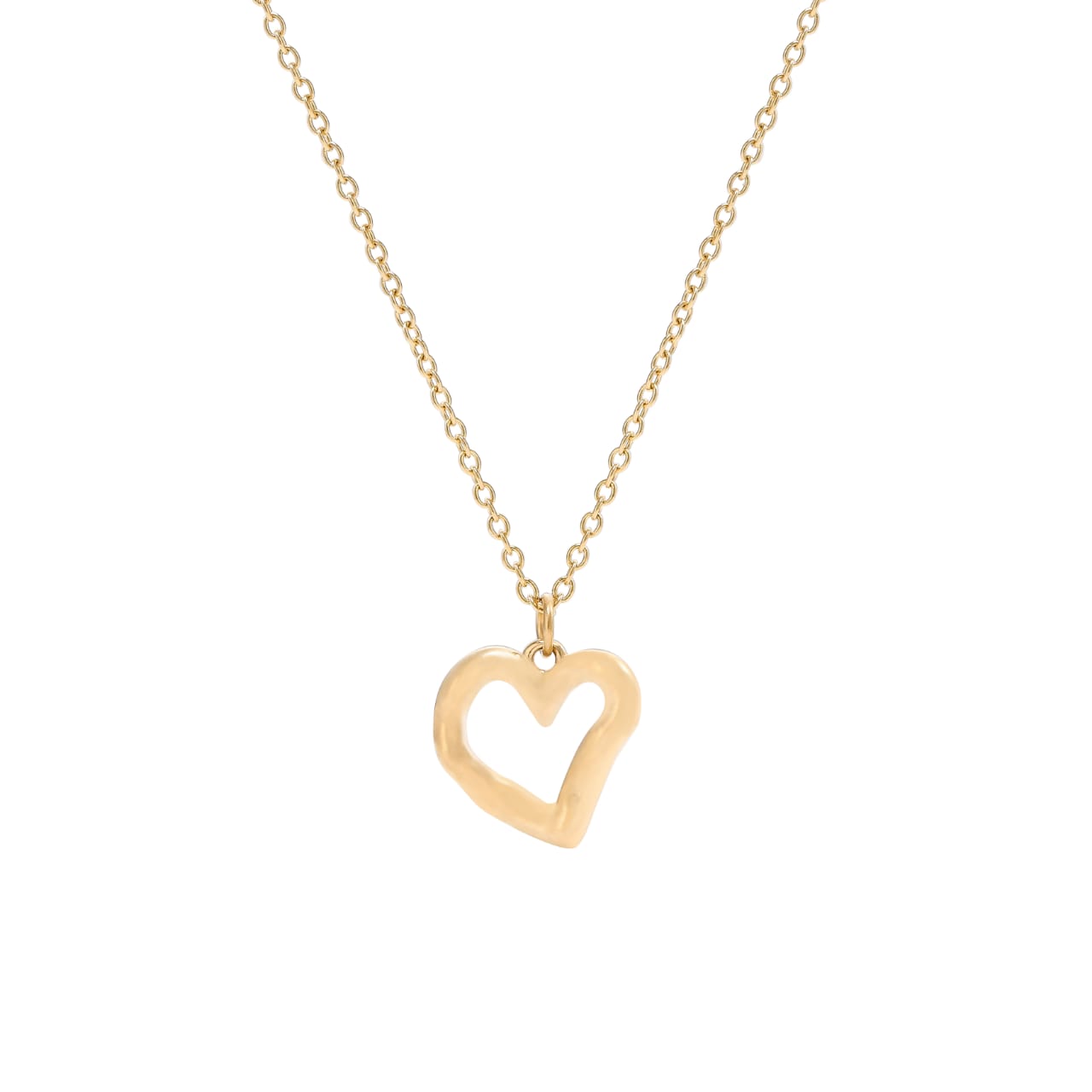 A gold-colored necklace with a heart-shaped pendant, presented on a plain background.