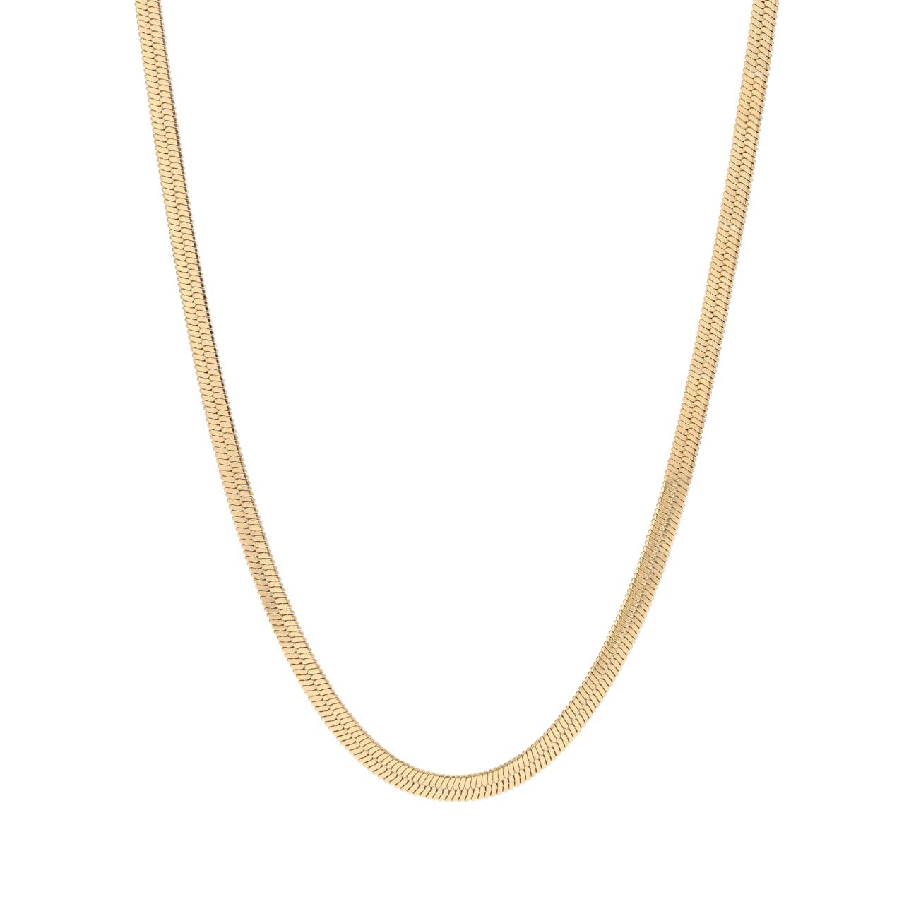 A gold-colored herringbone chain necklace laid out on a plain background.