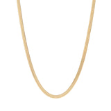 A gold-colored herringbone chain necklace laid out on a plain background.