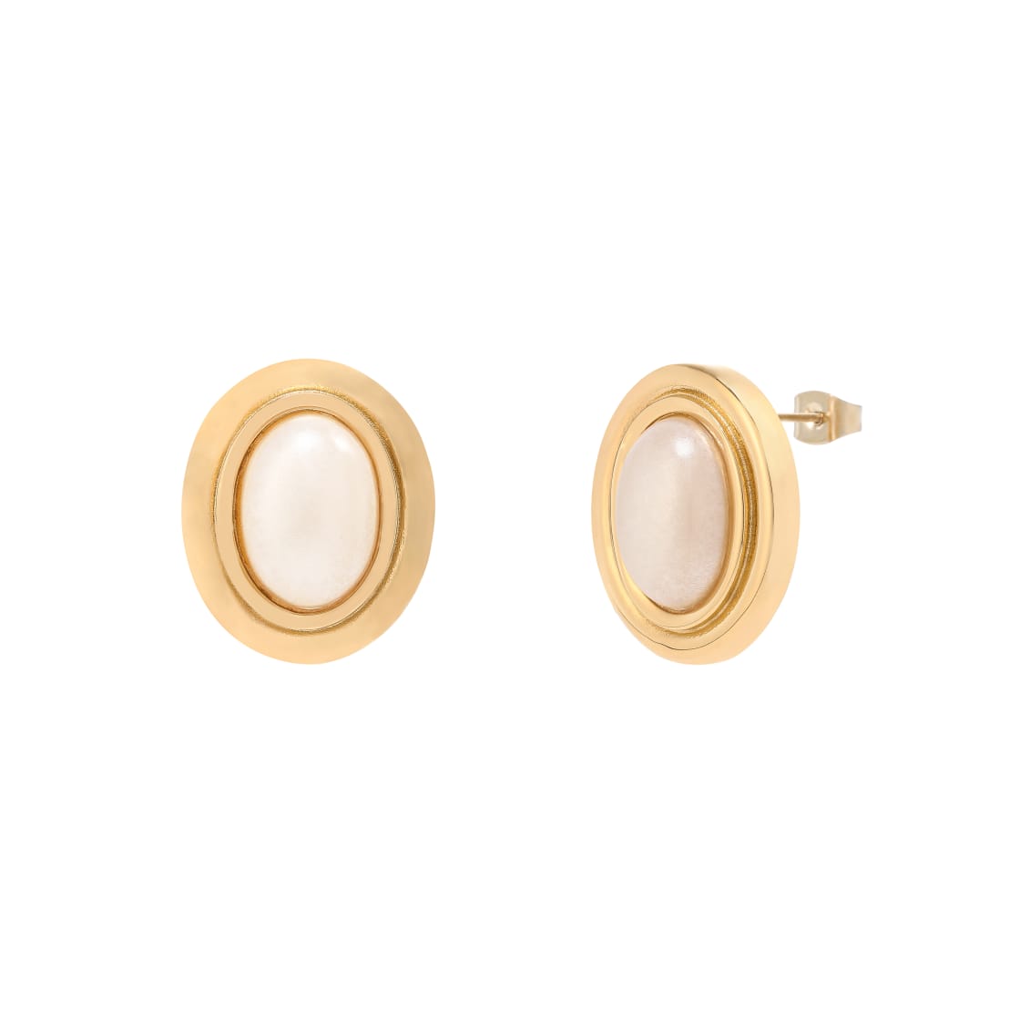 Pair of gold stud earrings with oval, white stone centers Boucles d'Oreilles Perla - Or