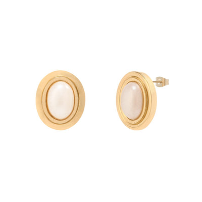 Pair of gold stud earrings with oval, white stone centers