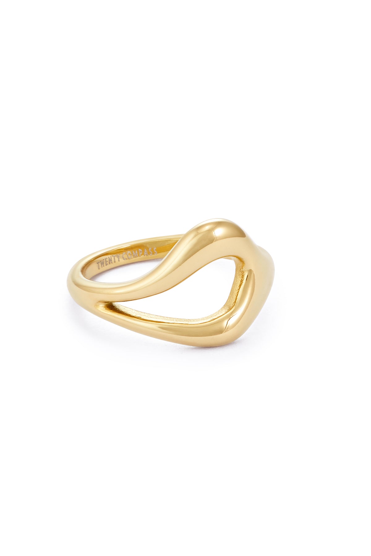 Gold ring with a unique, open, teardrop-shaped design in the center, resting on a white background Gia Ring - Gold