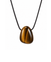 A polished tiger's eye stone pendant on a simple black cord necklace, shown against a plain white background.