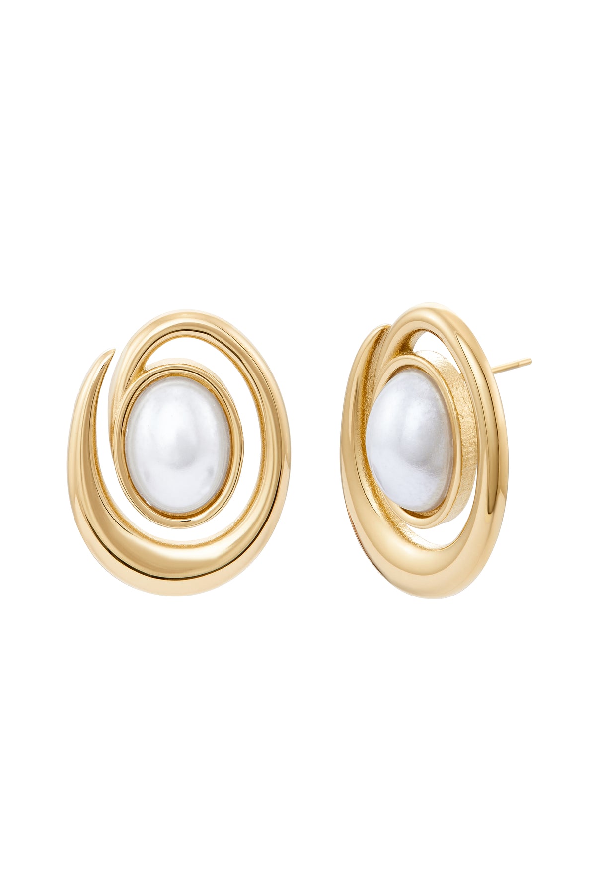 Pair of Gold stud earrings with a circular, swirling design framing a central pearl Palma Earrings - Gold