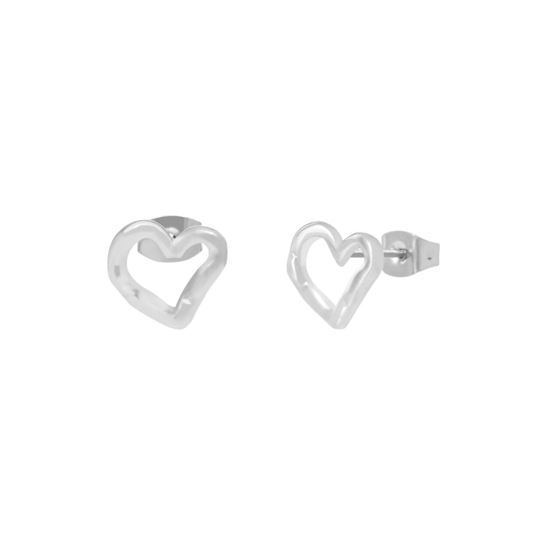 A pair of silver heart-shaped stud earrings on a white background.