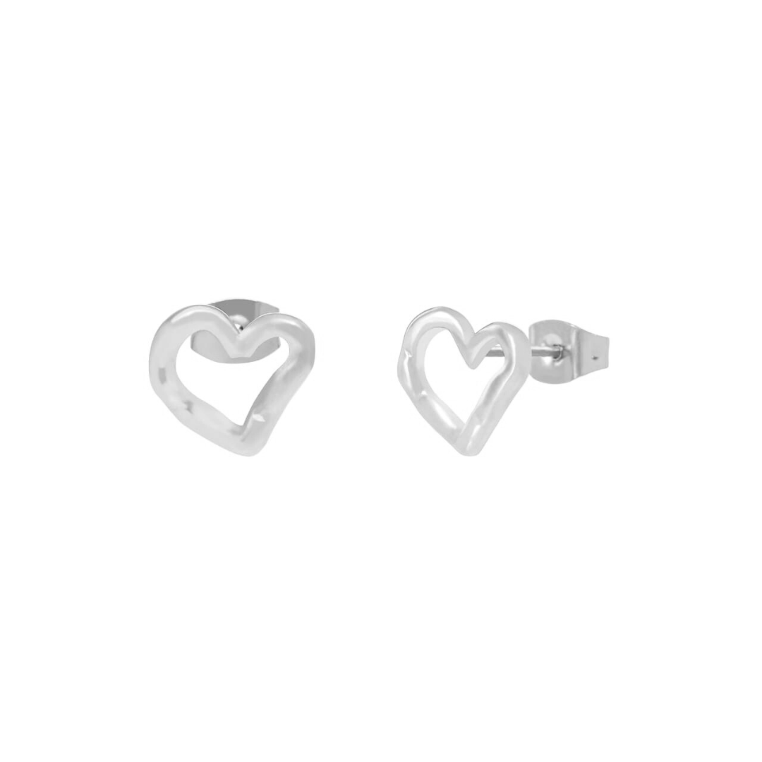 Delicate stainless steel organic heart-shaped stud earrings with a secure butterfly back closure, ideal for everyday wear. Reverie Earrings - Silver