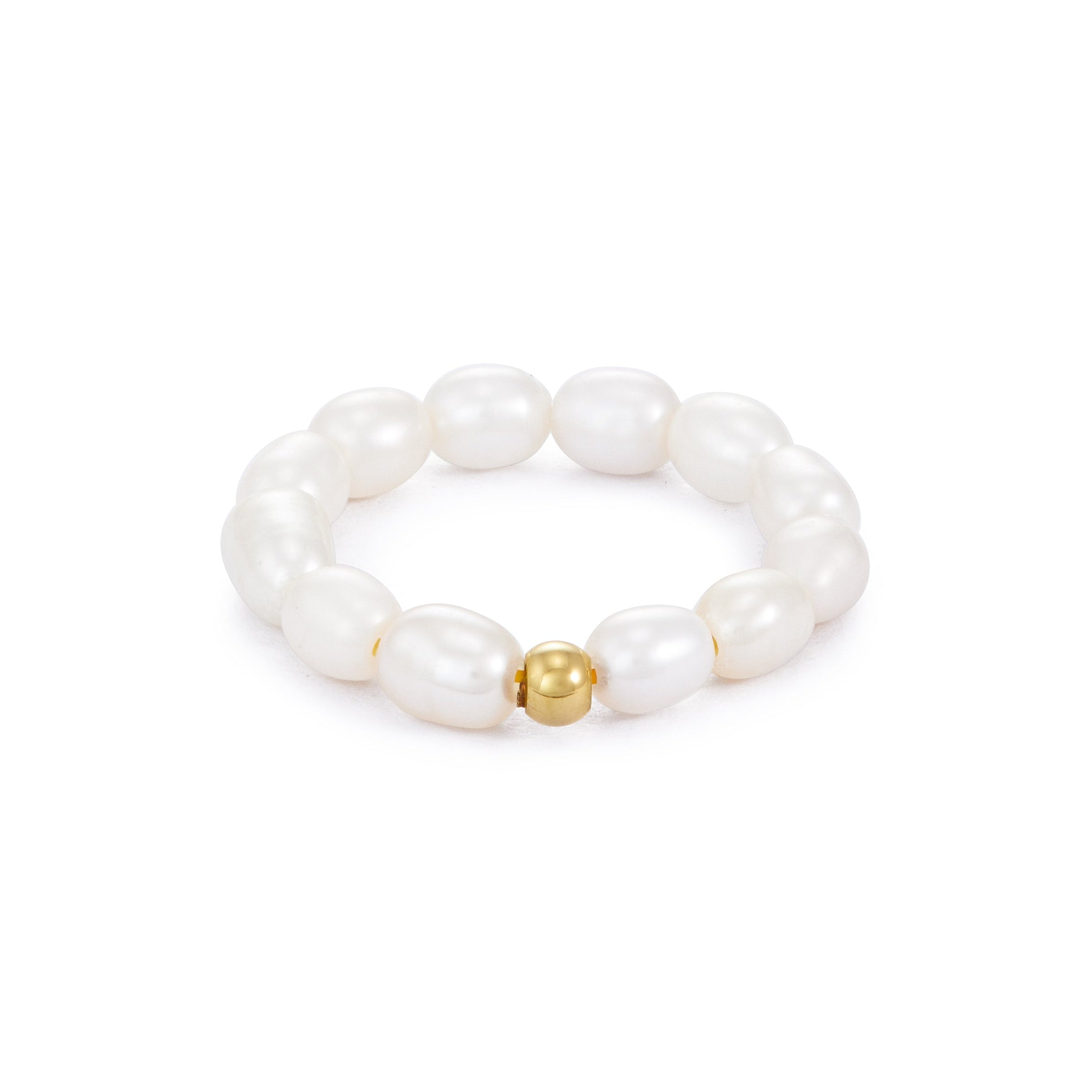 A white pearl ring with a gold-plated stainless steel bead in the center, displayed against a plain background.
