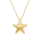 Gold starfish pendant necklace on a delicate link chain, isolated on a white background.