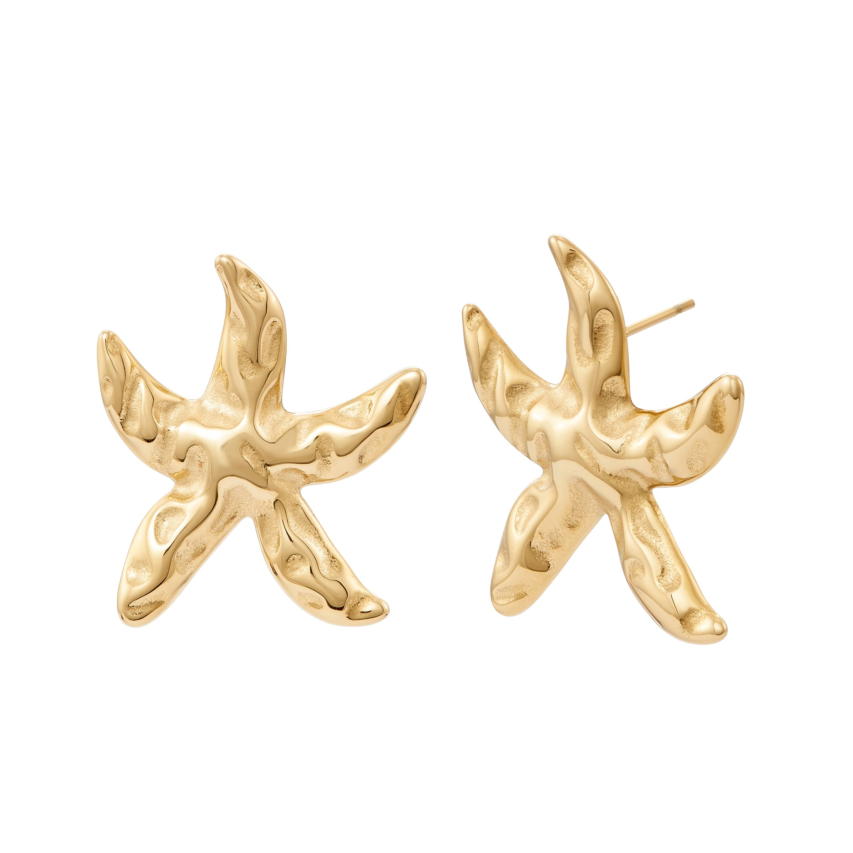 Gold starfish-shaped earrings on a white background
