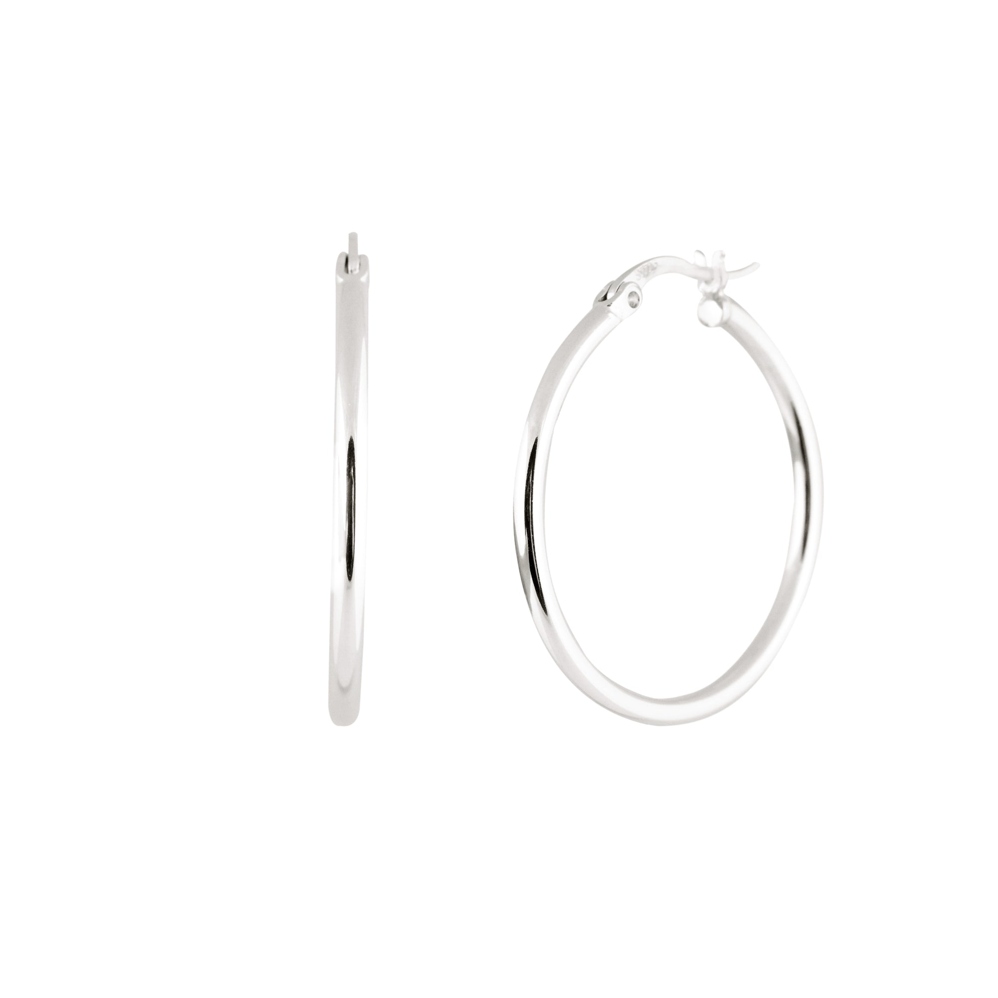 Pair of silver hoop earrings, approximately 25mm in diameter, with a thin, rounded design