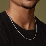 A person wearing a black shirt and a Twenty Compass 2mm Rope Necklace in silver stands against an olive-green backdrop. The composition reveals only the lower face and neck, adding intrigue while highlighting the accessorys subtle style and texture.