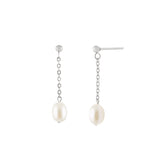 A pair of silver earrings featuring natural freshwater pearls attached to a chain, displayed against a white background.
