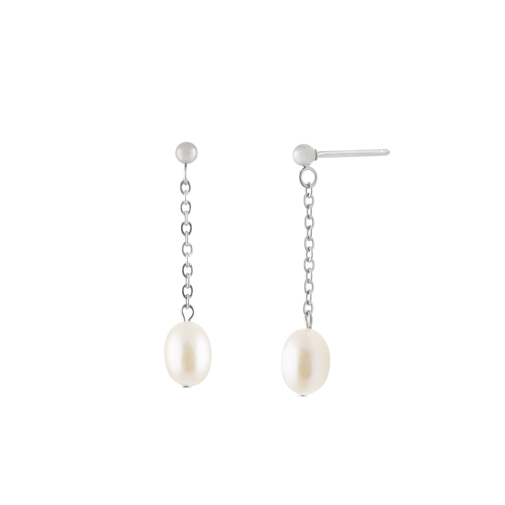 A pair of silver earrings featuring natural freshwater pearls attached to a chain, displayed against a white background.
