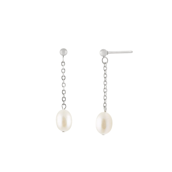 A pair of silver earrings featuring natural freshwater pearls attached to a chain, displayed against a white background. Bohème Earrings - Silver