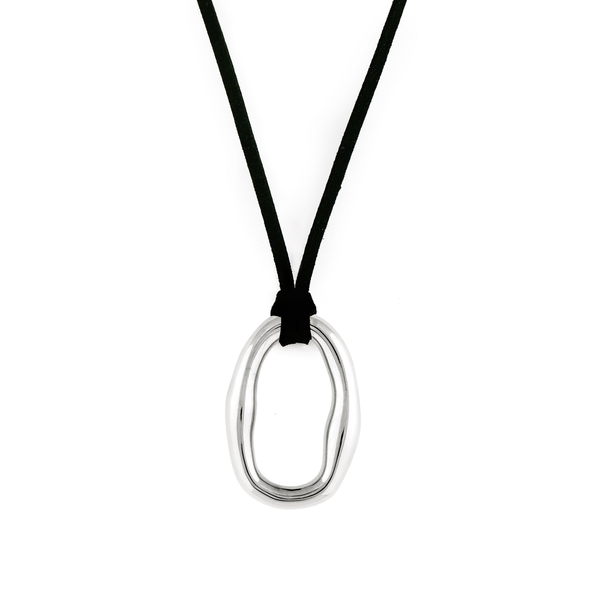 A silver-colored necklace with an organic shaped pendant and a black vegan suede cord.