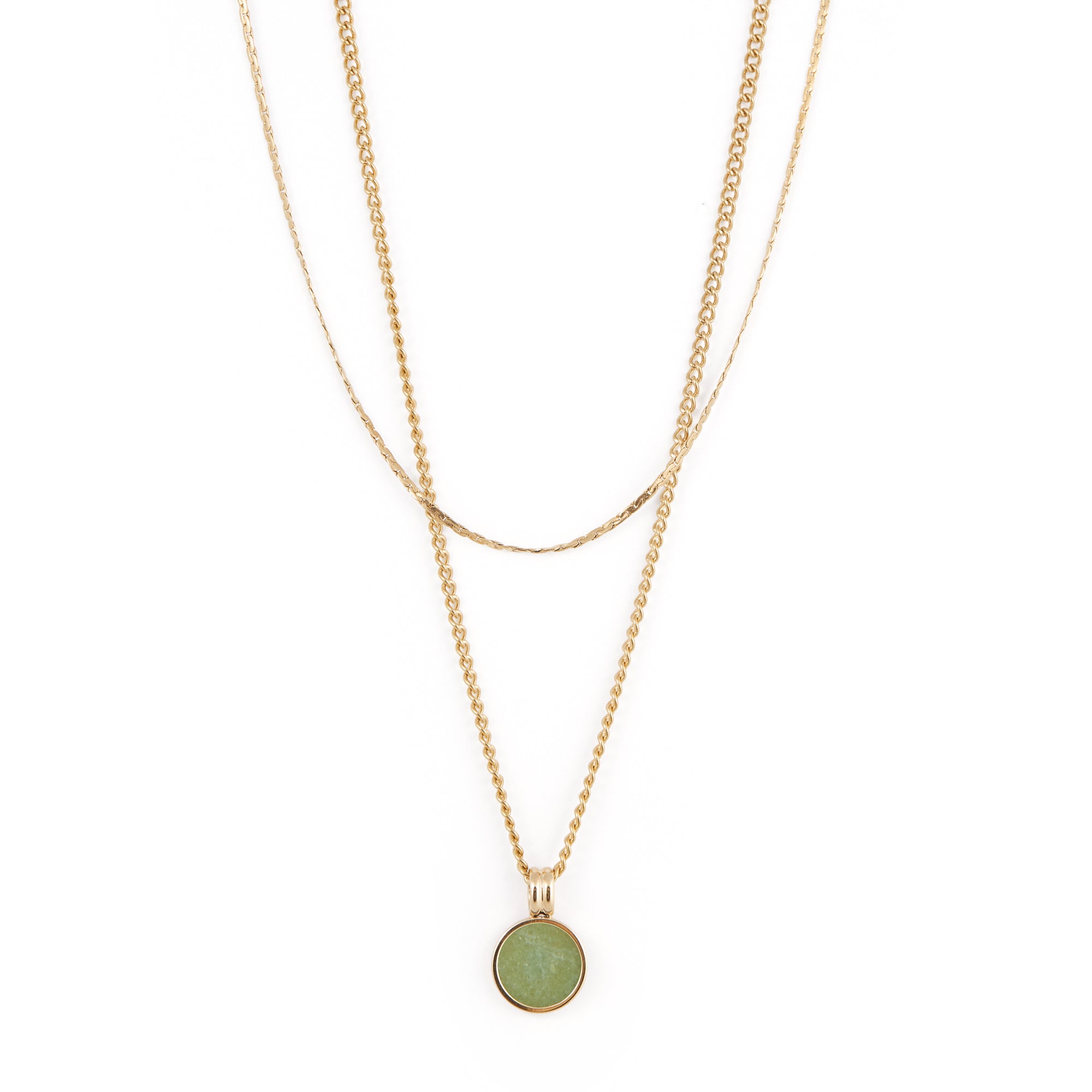 The Andy Necklace - Gold by Twenty Compass features a delicate and a thicker gold chain, highlighting a round green aventurine stone in a golden setting. This elegant piece is displayed on a plain white background.