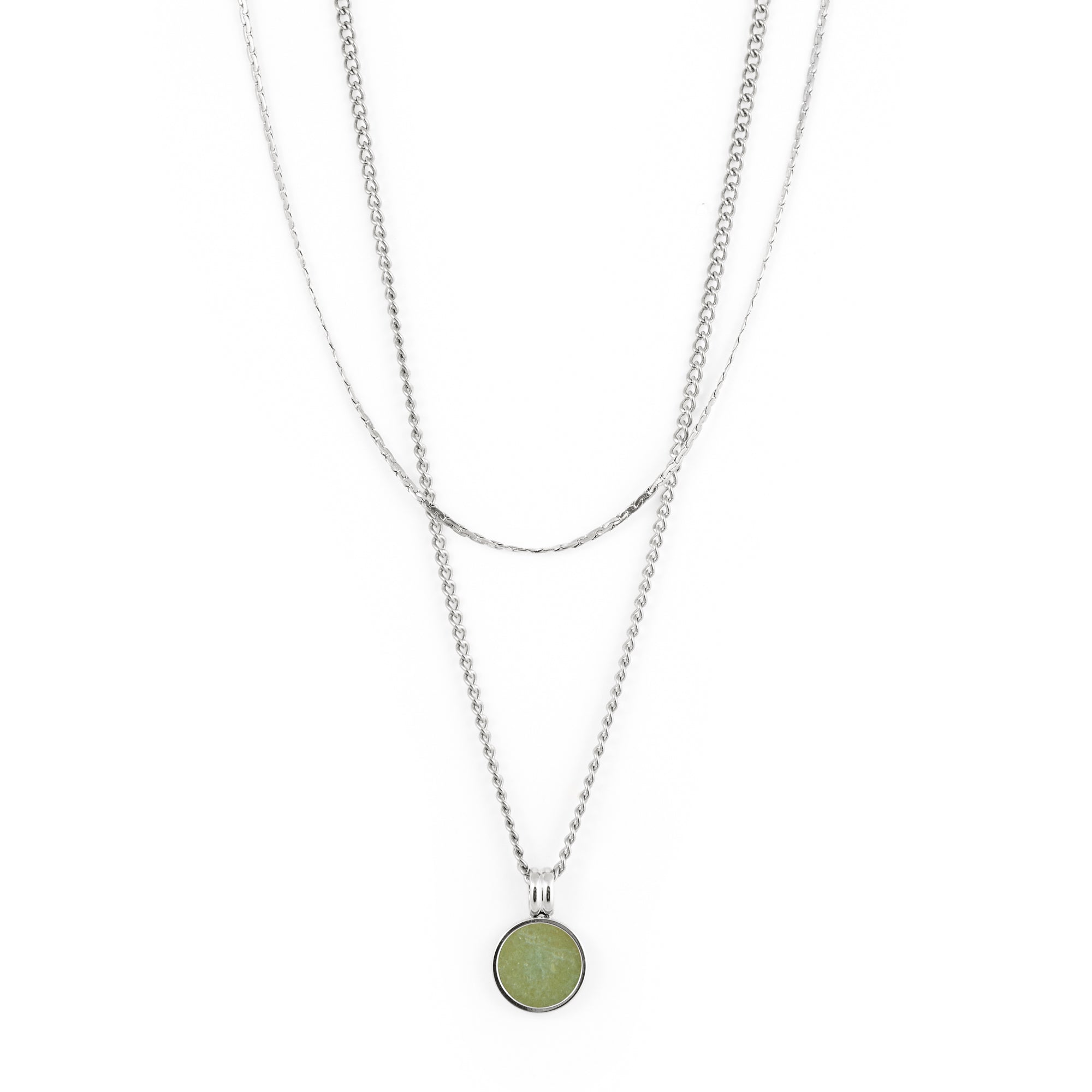 The Andy Necklace - Silver by Twenty Compass is a result of the Sarah-Maude Beauchesne collaboration, showcasing a double-chain design with layered silver chains and a round green aventurine stone pendant on the longer chain, all set against a plain white background.