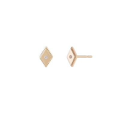 A pair of 14 karat gold stud earrings with a geometric lozenge shape and a small cubic zirconia in the center of each earring.
